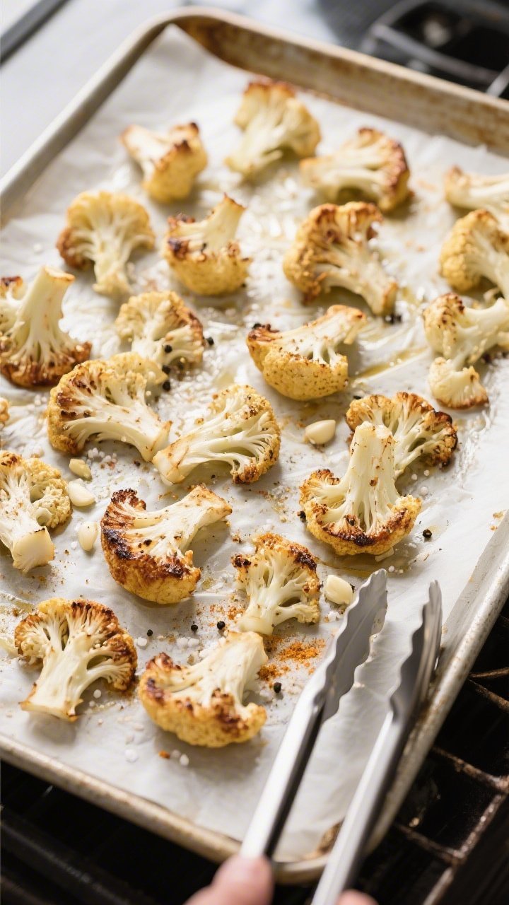 Cooking process: Overhead shot of a spaced-out single layer of seasoned cauliflower roasting on a la