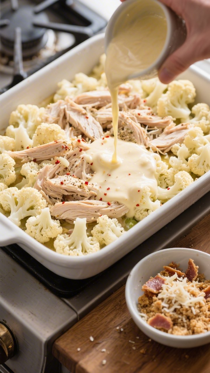 Cooking process: Overhead shot of assembly in a 9x13 baking dish—par-cooked cauliflower florets sp