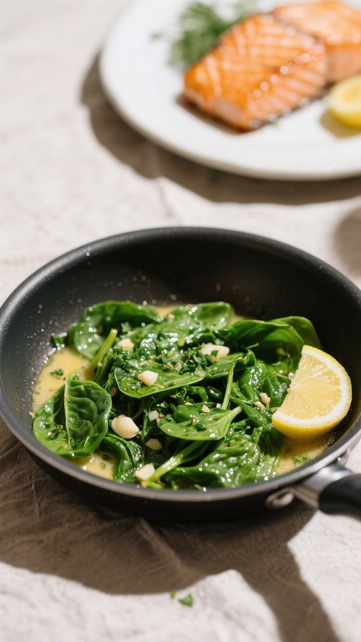Cooking process: Overhead shot of baby spinach just wilted in the same skillet, glistening with garl