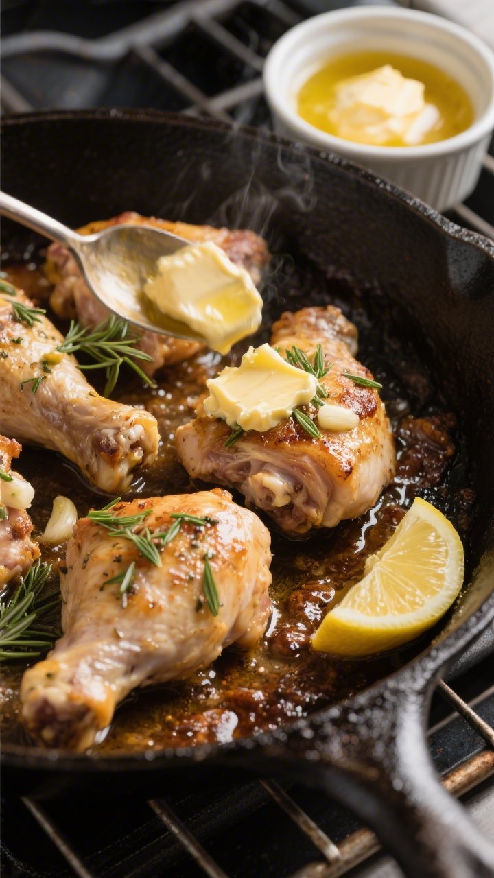 Cooking process: Overhead shot of chicken thighs in a large cast-iron skillet during the “baste an