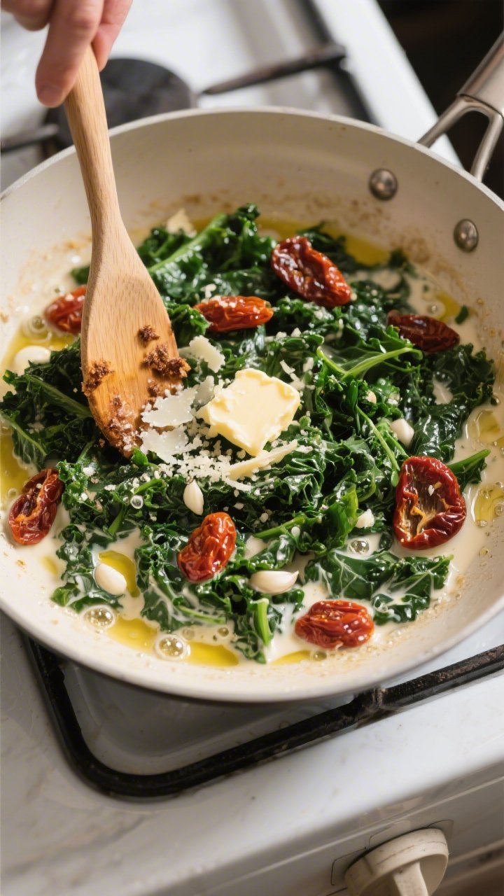 Cooking process: Overhead shot of Creamy Tuscan Garlic Kale simmering in a wide sauté pan right aft