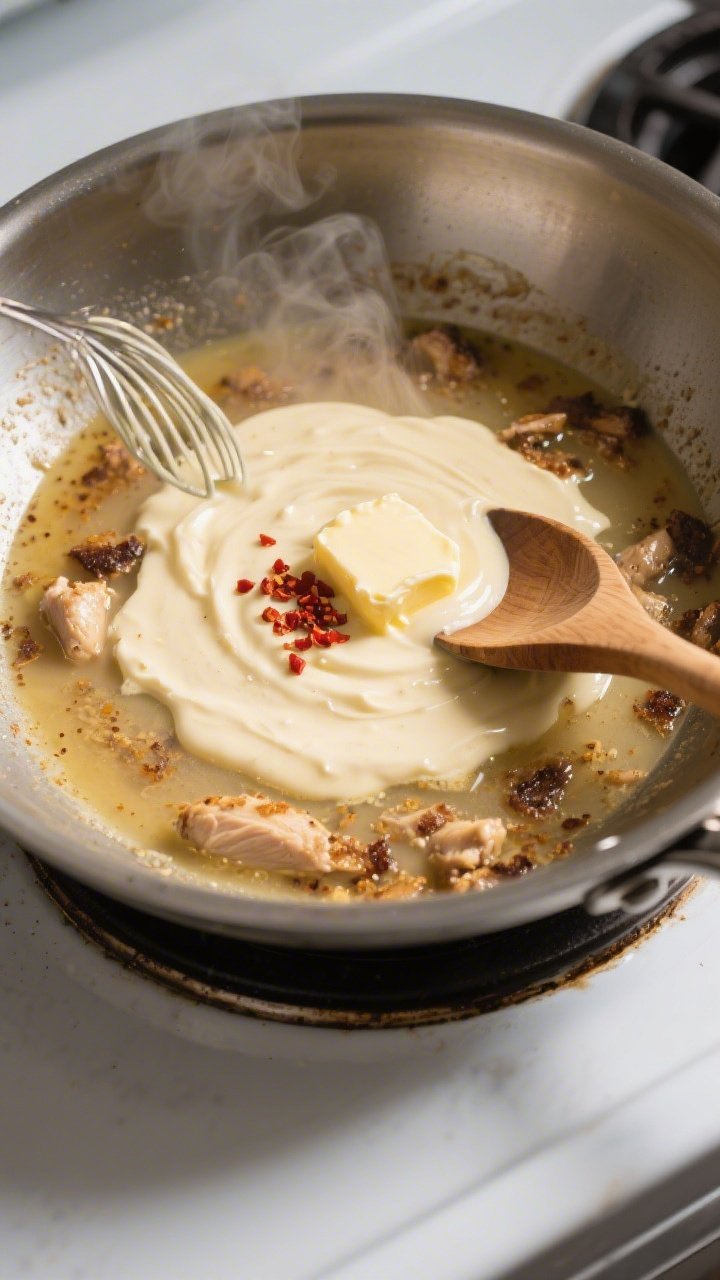 Cooking process: Overhead shot of deglazing and sauce-building in a wide skillet—reduced chicken b