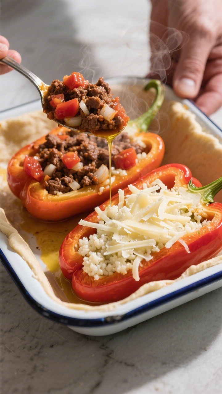 Cooking process: Overhead shot of par-baked bell peppers being filled on a rimmed baking dish—spoo