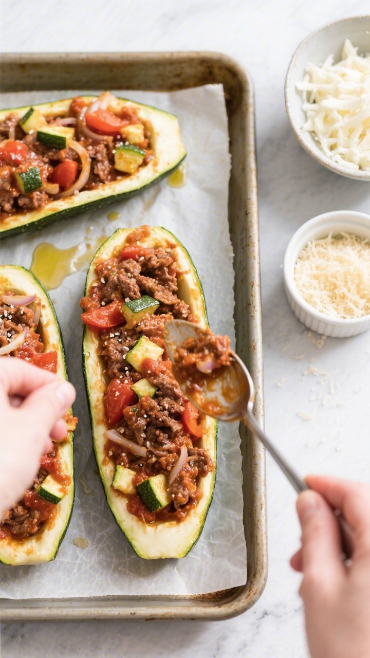 Cooking process: Overhead shot of par-baked zucchini boats being filled on a parchment-lined 9x13 ba