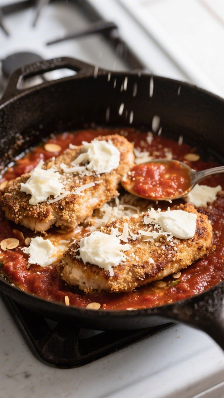 Cooking process: Overhead shot of seared, almond flour–Parmesan–coated chicken cutlets nestled i