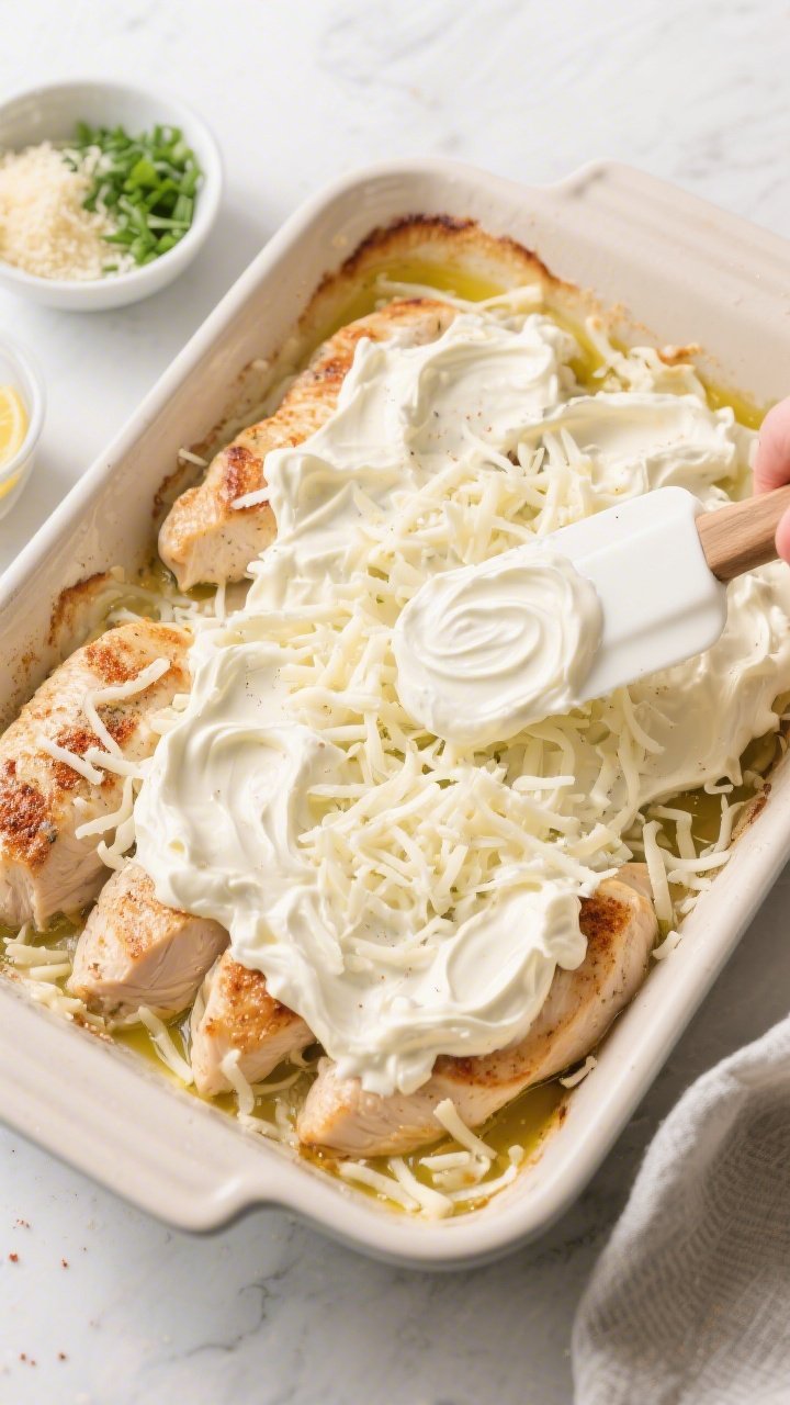 Cooking process: Overhead shot of seared chicken breasts arranged in a 9x13 casserole, being evenly