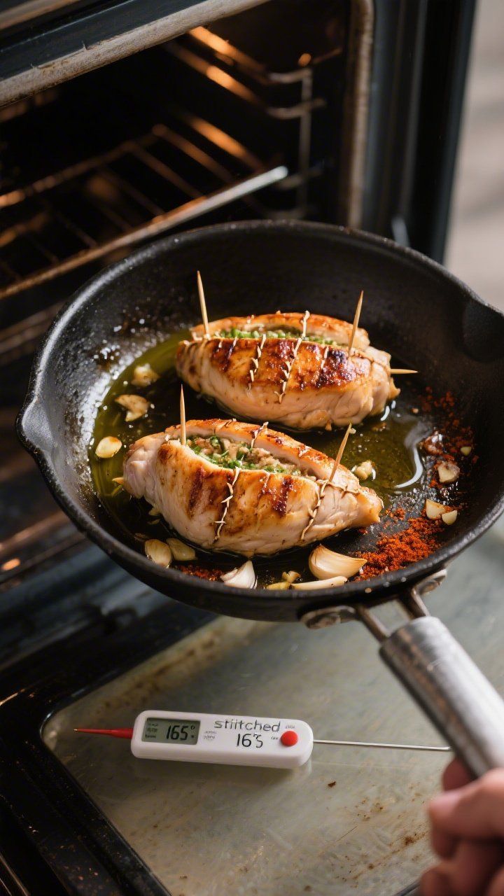 Cooking process: Overhead shot of seared stuffed chicken breasts in a hot skillet being transferred 
