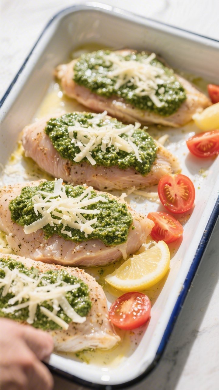Cooking process: Overhead shot of seasoned chicken breasts in a 9x13 baking dish mid-assembly, each