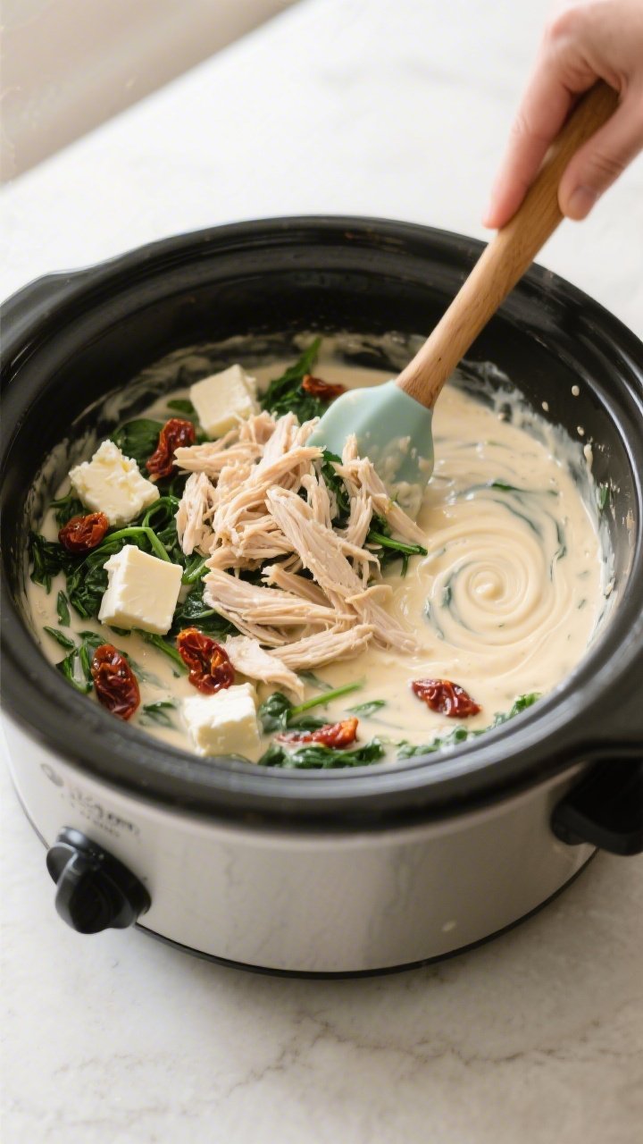 Cooking process: Overhead shot of shredded slow-cooked chicken being folded back into the creamy sau