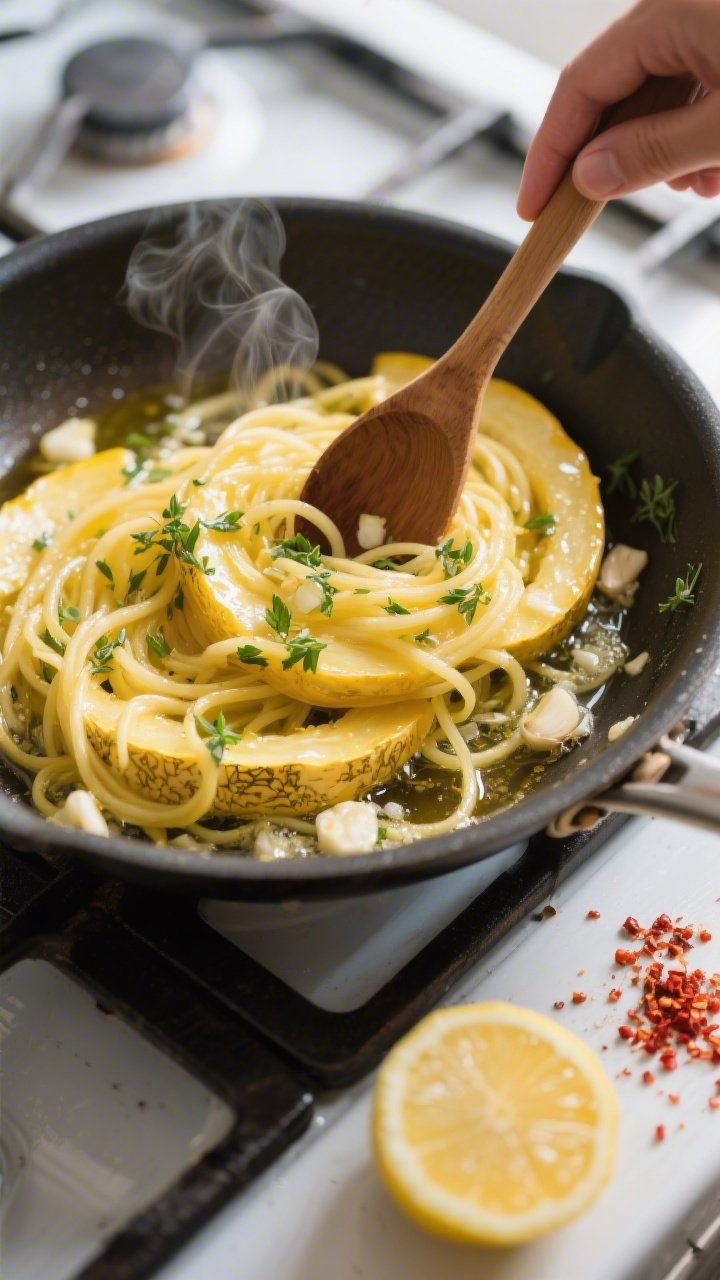 Cooking process: Overhead shot of spaghetti squash strands being tossed in a hot skillet with melted