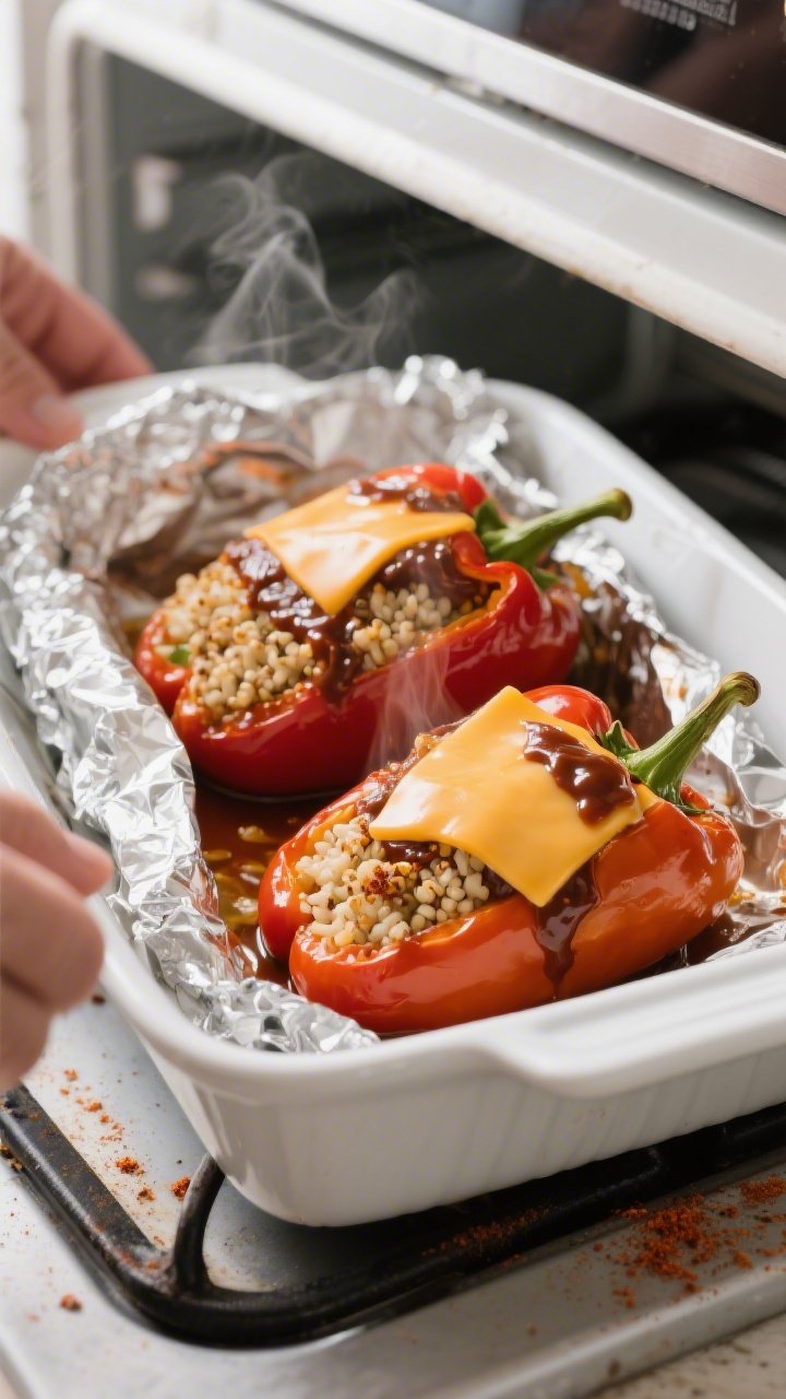 Cooking process: Overhead shot of stuffed bell peppers baking covered then uncovered—capture the r