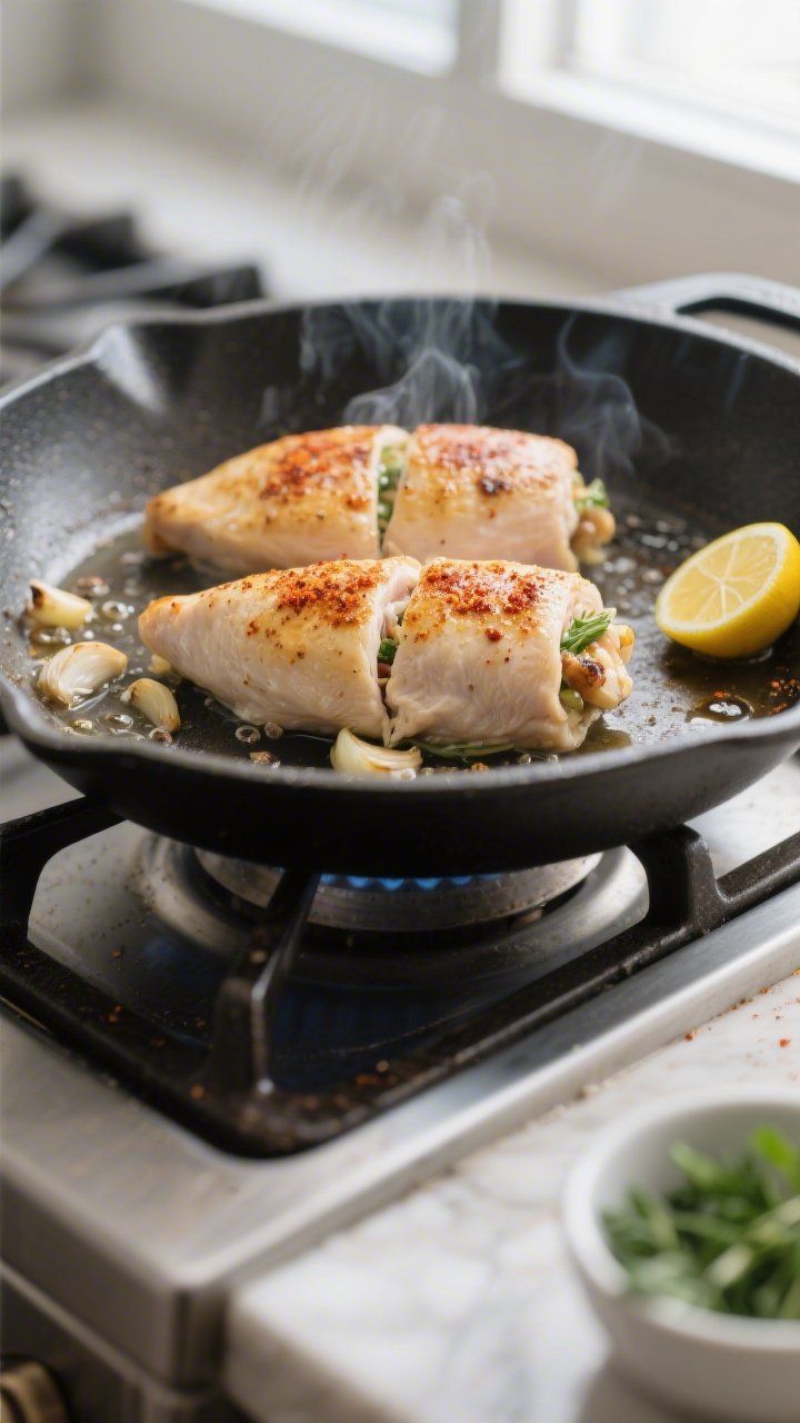 Cooking process: Overhead shot of stuffed chicken breasts searing briefly in an oven-safe skillet, s