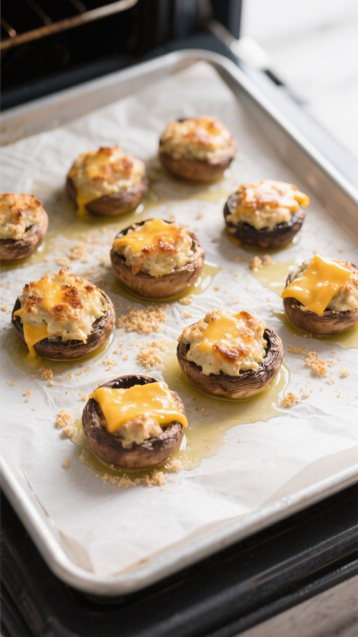 Cooking process: Overhead shot of stuffed mushroom caps on a parchment-lined baking sheet mid-bake a