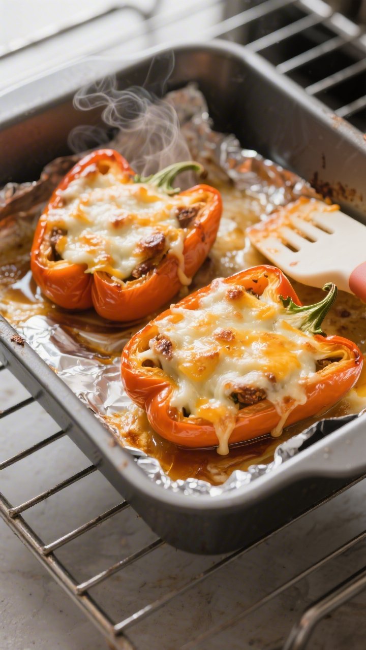 Cooking process: Overhead shot of stuffed pepper halves in an oiled baking dish right after the foil