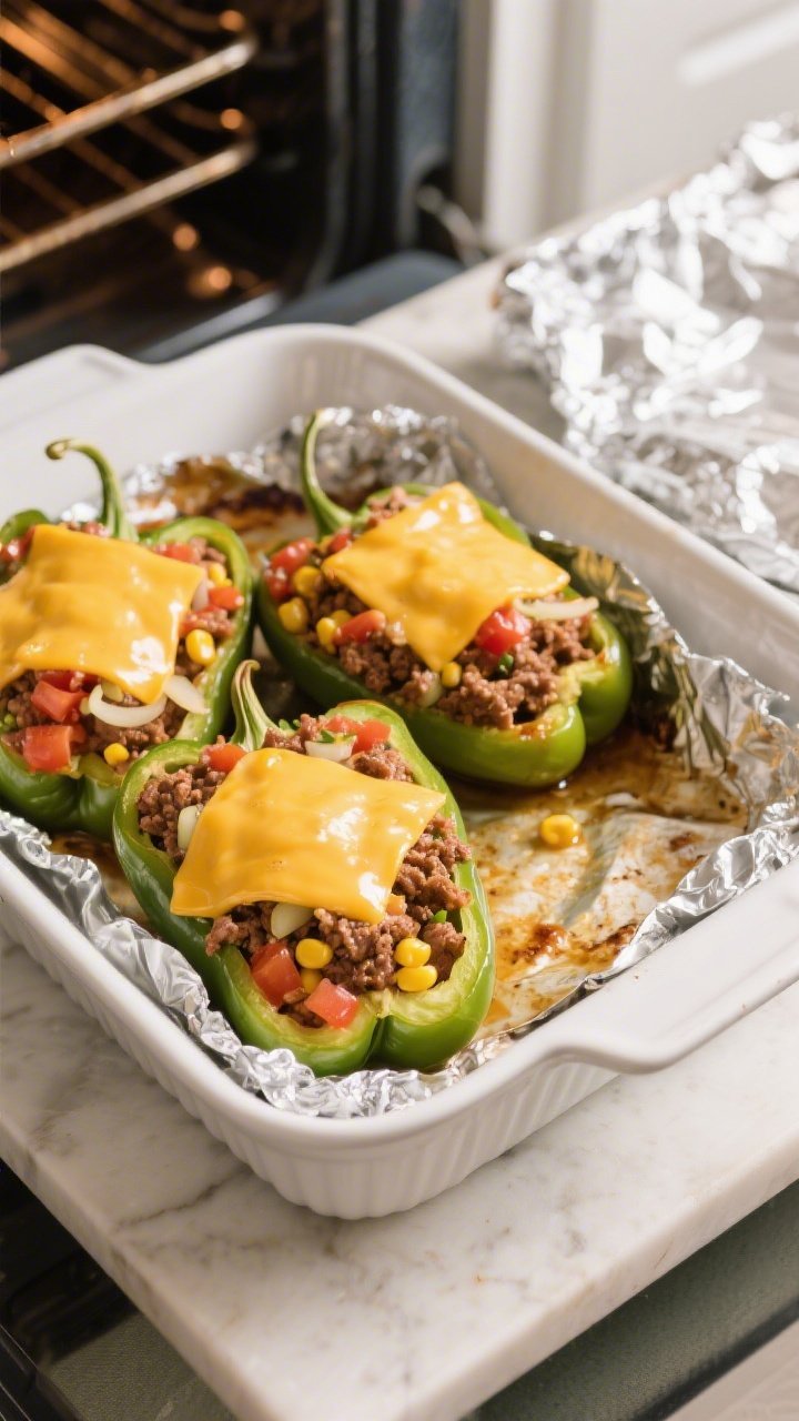 Cooking process: Overhead shot of stuffed peppers mid-bake after the foil has been removed, peppers 