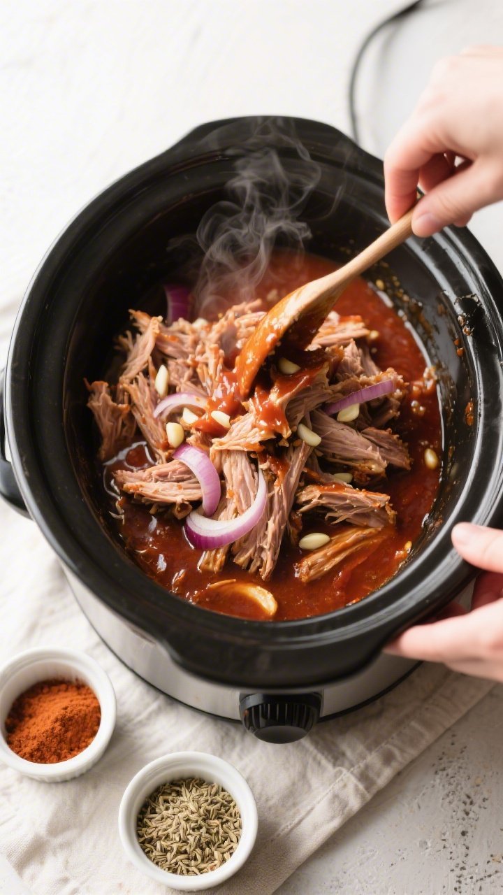 Cooking process: Overhead shot of tender pulled pork returned to the slow cooker and being tossed to
