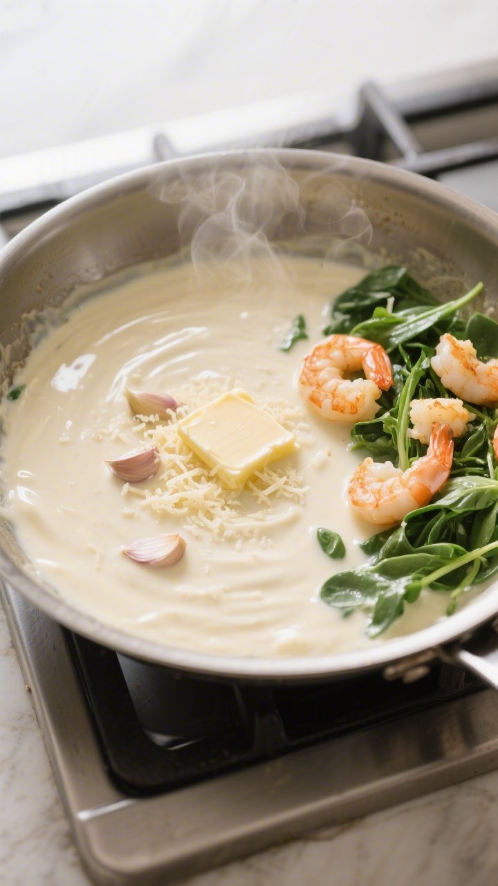 Cooking process: Overhead shot of the Alfredo base in a wide stainless skillet at a gentle simmer—