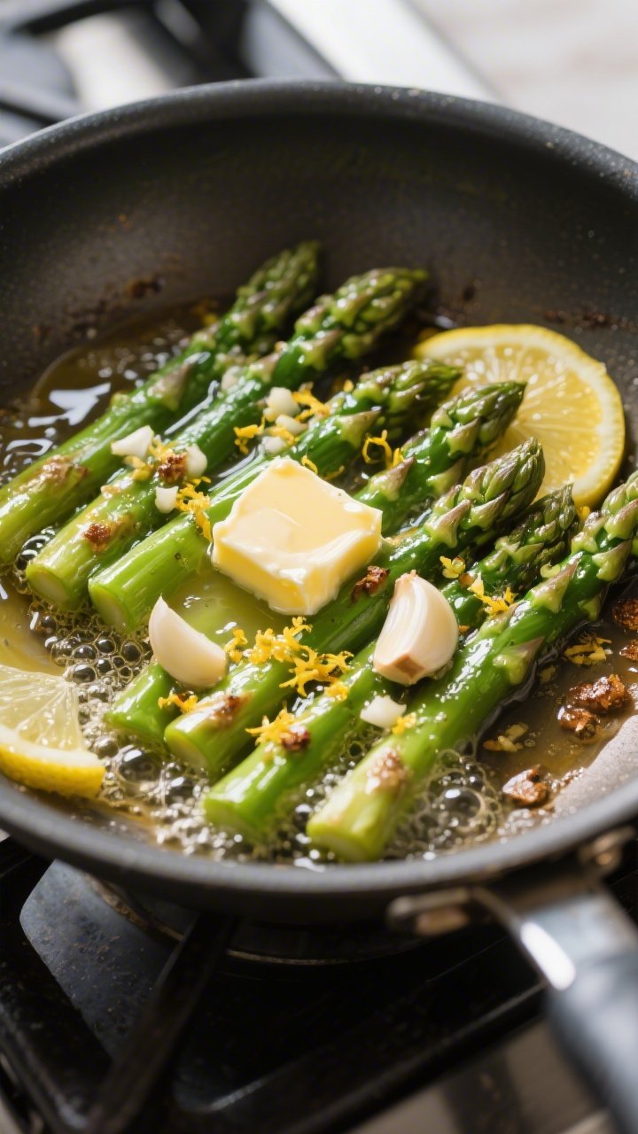 Cooking process: Overhead shot of the asparagus pushed to the edges of the skillet while butter melt