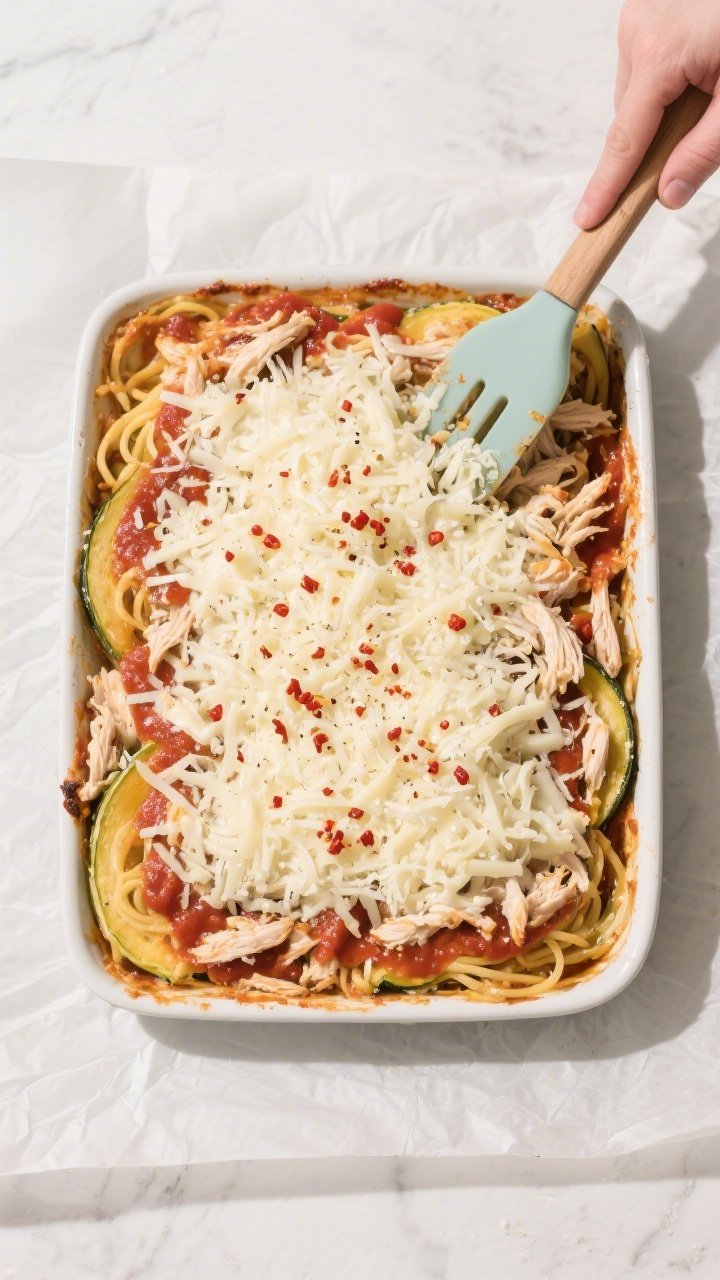 Cooking process: Overhead shot of the assembled bake mid-process in a 9x13-inch dish, the mixed base