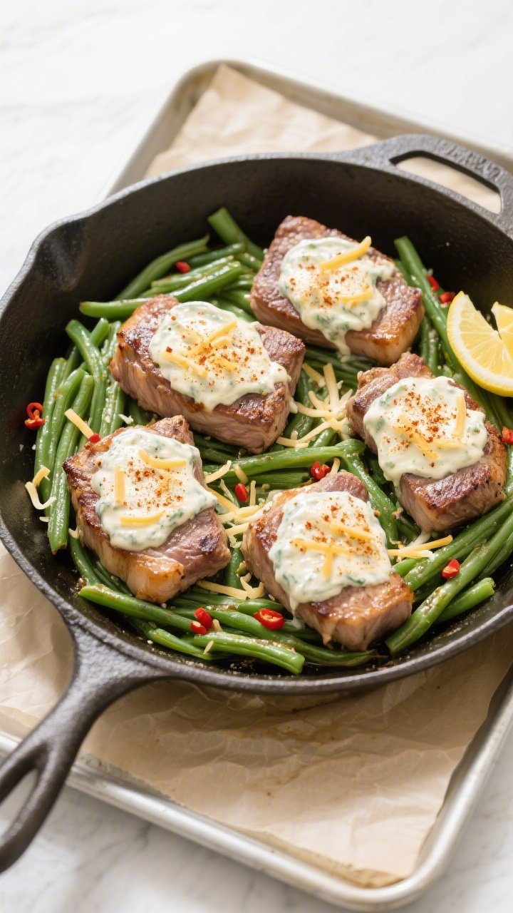 Cooking process: Overhead shot of the assembled one-pan skillet just before baking—four seared por