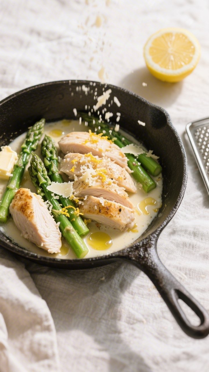Cooking process: Overhead shot of the “bring it together” step—sliced chicken and bright green