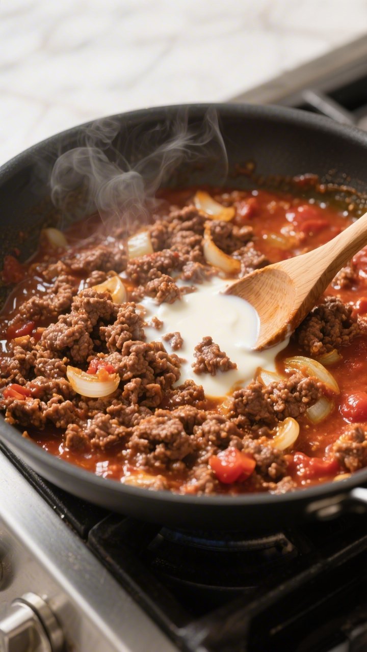 Cooking process: Overhead shot of the browned, seasoned ground beef in a skillet as heavy cream is s