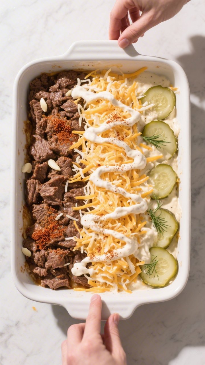 Cooking process: Overhead shot of the casserole assembly in a 9x13 baking dish—seasoned browned be