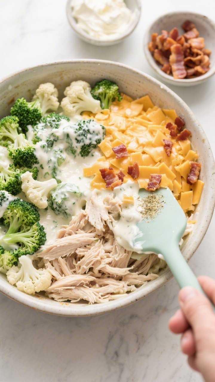 Cooking process: Overhead shot of the casserole mixture being assembled in a large bowl—cooked shr