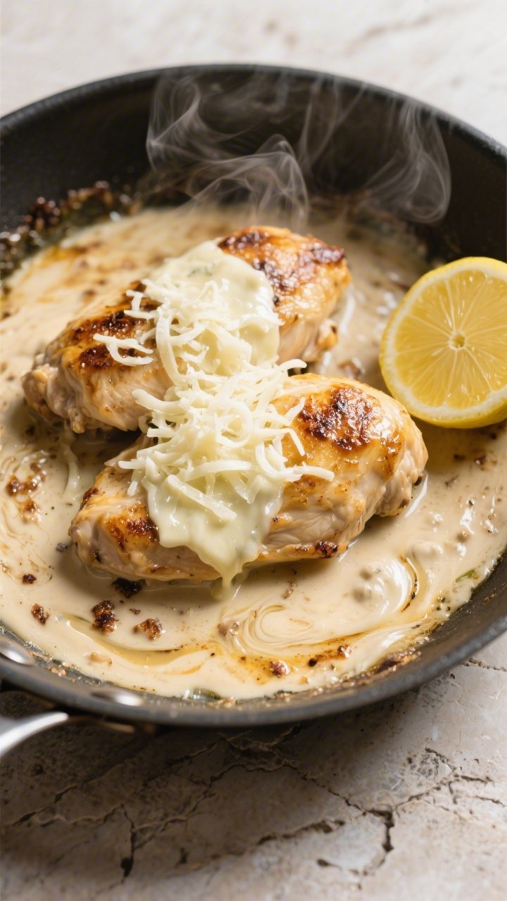 Cooking process: Overhead shot of the chicken returned to the skillet, sauce just emulsified after d