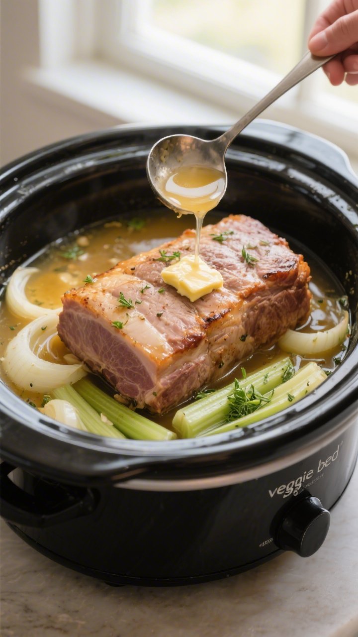 Cooking process: Overhead shot of the cooked pork loin resting in the slow cooker crock, bathed in c