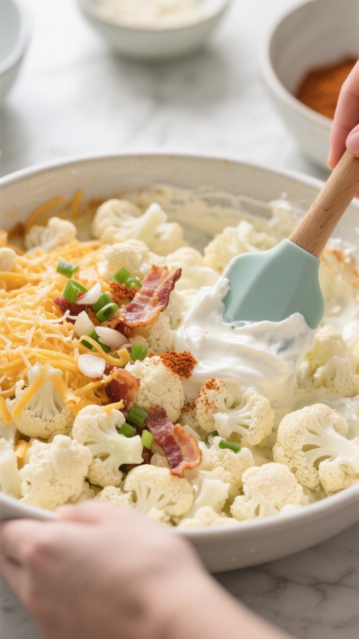 Cooking process: Overhead shot of the creamy base being folded with just-tender, well-drained caulif