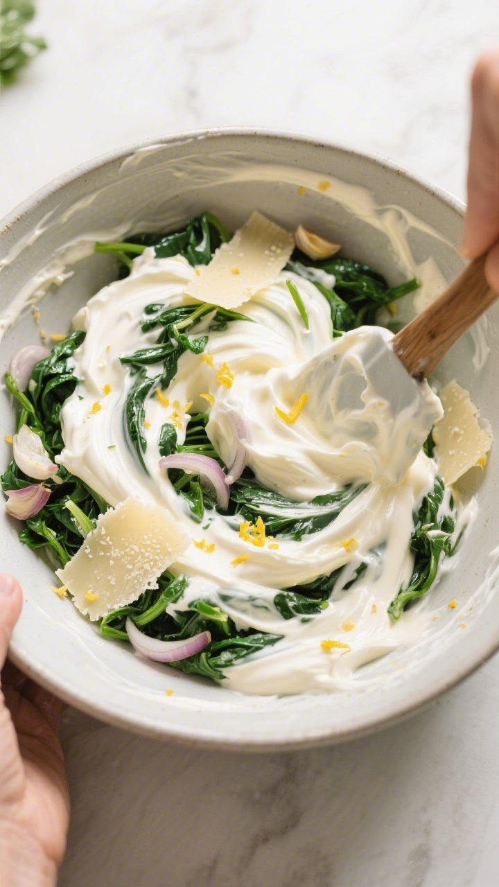 Cooking process: Overhead shot of the creamy cheese base being folded together with well-squeezed sa