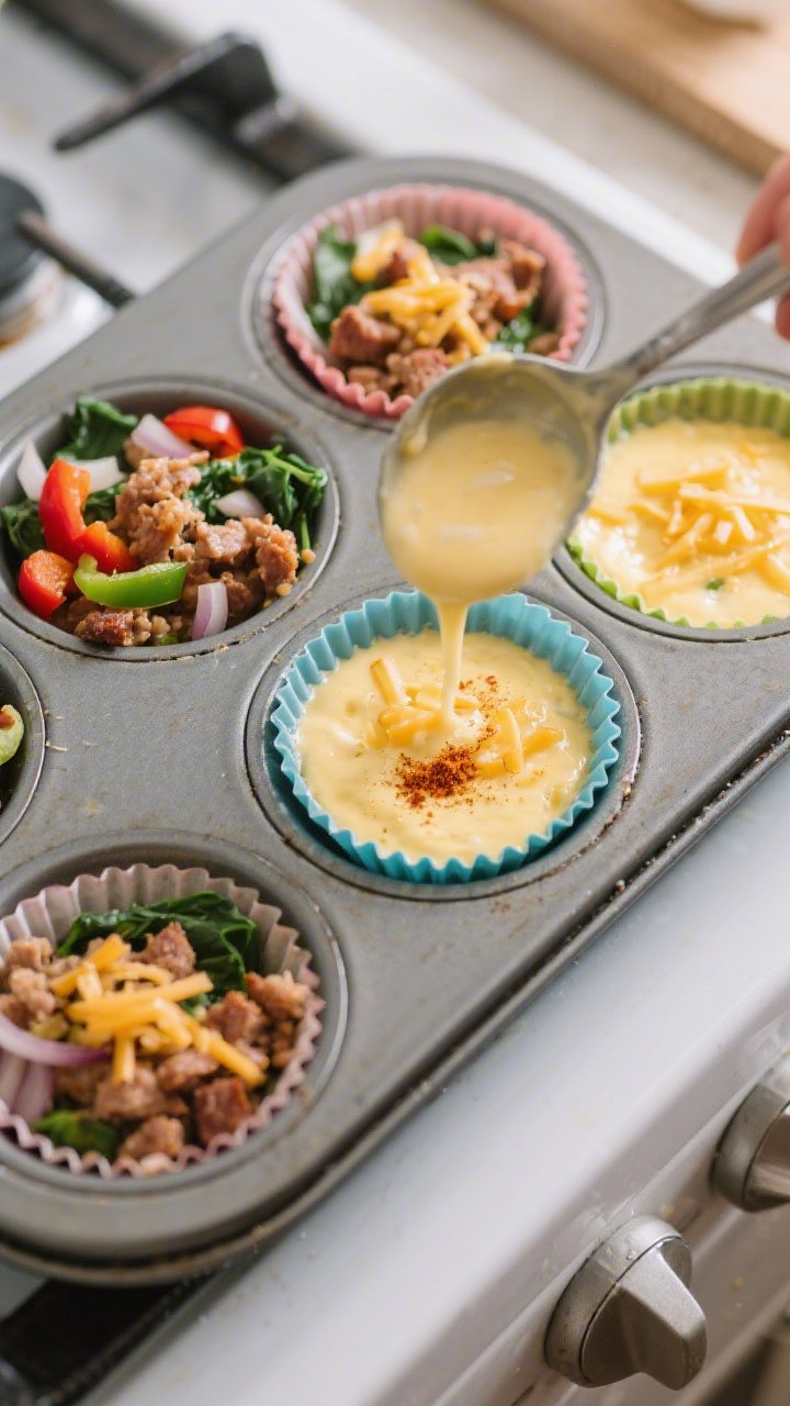 Cooking process: Overhead shot of the muffin tin being filled before baking—each cup already layer