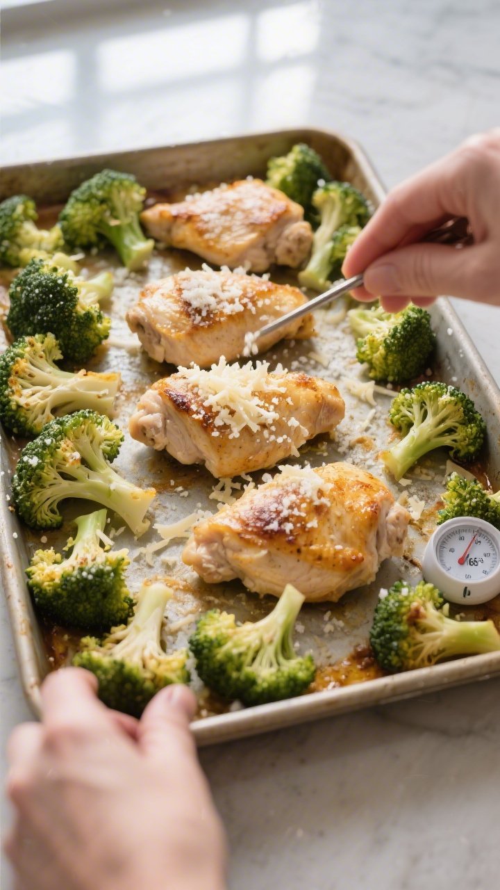 Cooking process: Overhead shot of the one-pan bake mid-roast at 400°F—chicken pieces centered wit
