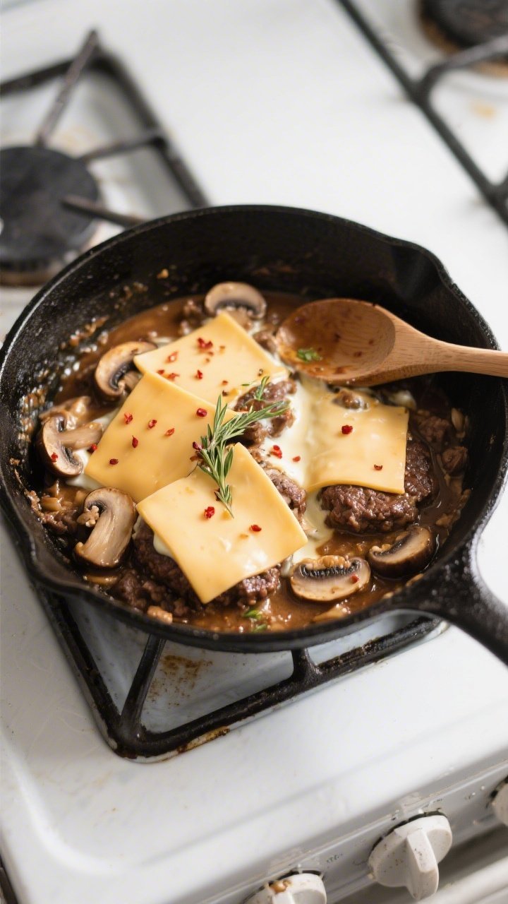 Cooking process: Overhead shot of the one-pan Keto Mushroom Swiss Hamburger Skillet mid-melt, Swiss 