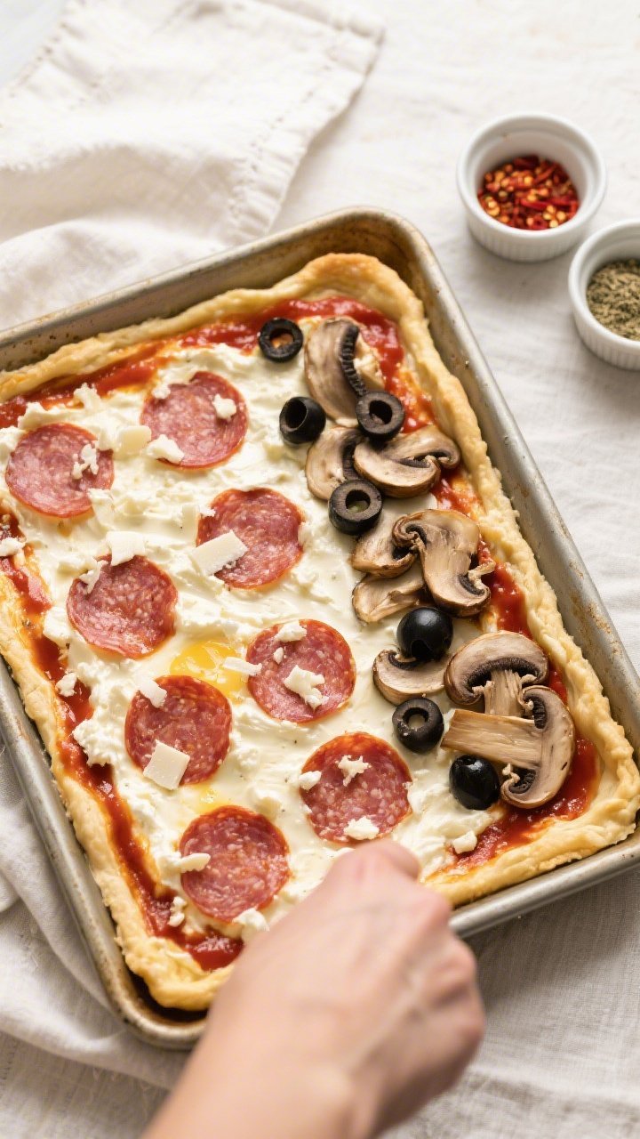 Cooking process: Overhead shot of the par-baked cream cheese–egg–mozzarella base in a 9x13 pan b