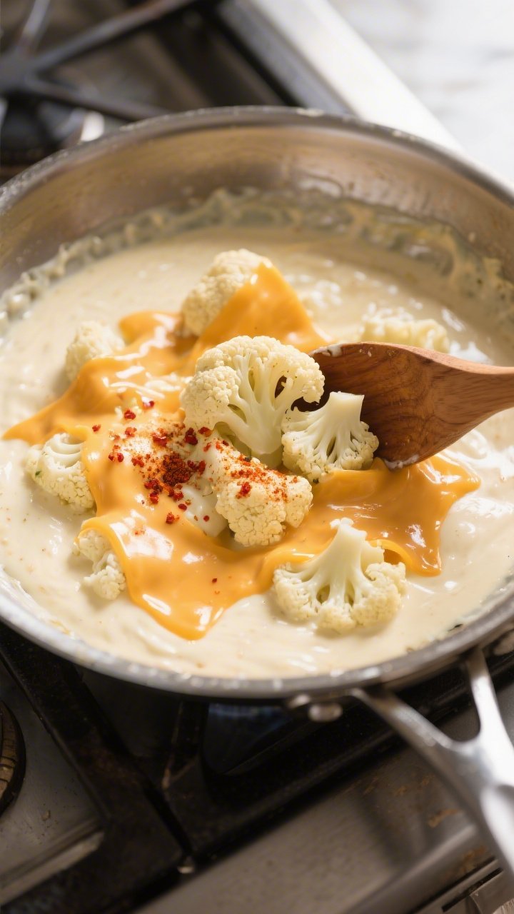 Cooking process: Overhead shot of the par-cooked cauliflower being gently folded into the smooth che