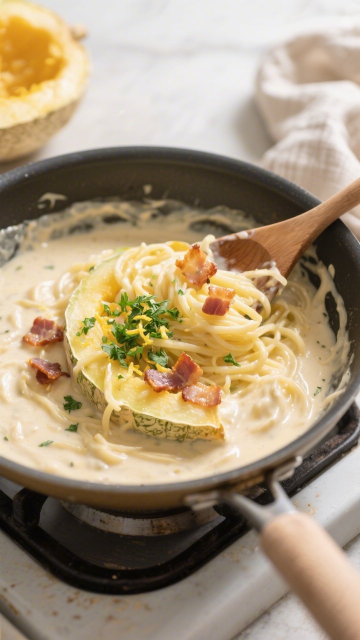 Cooking process: Overhead shot of the prepared spaghetti squash strands being gently folded into the