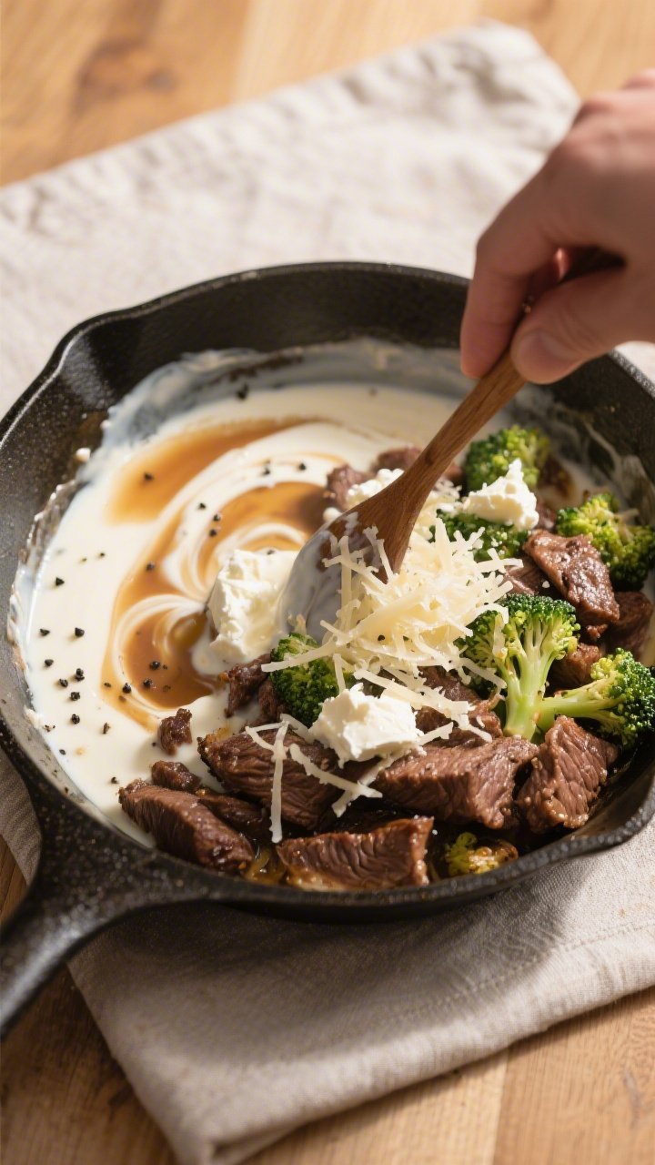 Cooking process: Overhead shot of the sauce coming together—heavy cream and a splash of beef broth