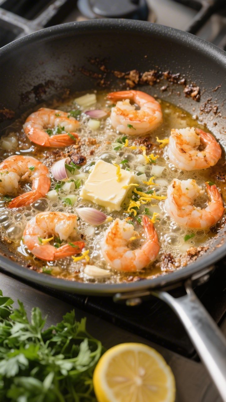 Cooking process: Overhead shot of the scampi sauce mid-simmer after deglazing—butter, minced garli