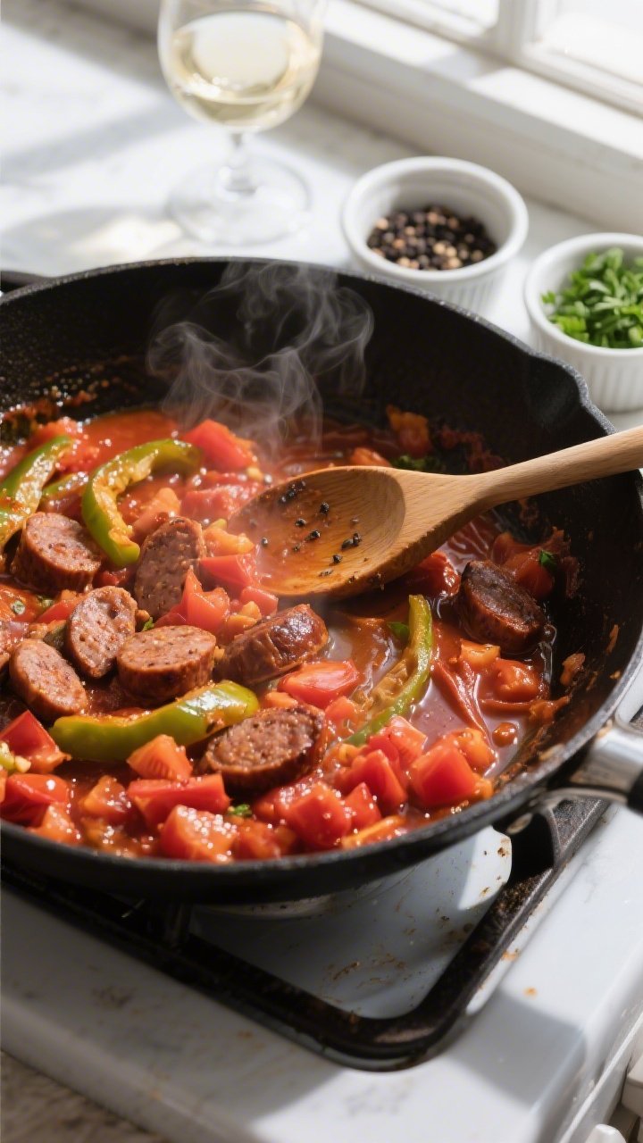 Cooking process: Overhead shot of the skillet right after deglazing and sauce building—tomato past