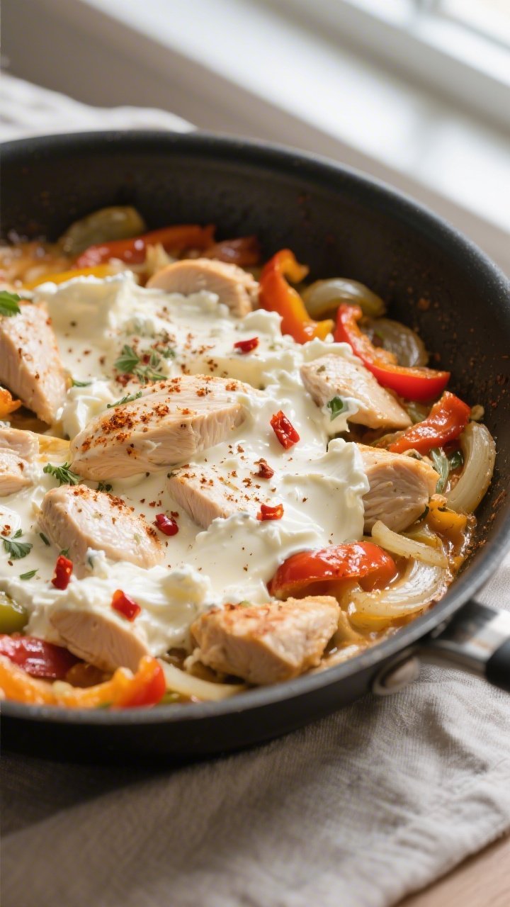 Cooking process: Overhead shot of the skillet right after the “make it creamy” step—chicken, p