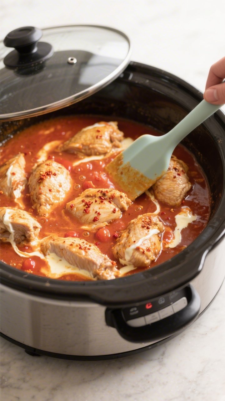Cooking process: Overhead shot of the slow cooker during the final thicken stage, lid off, sauce gen