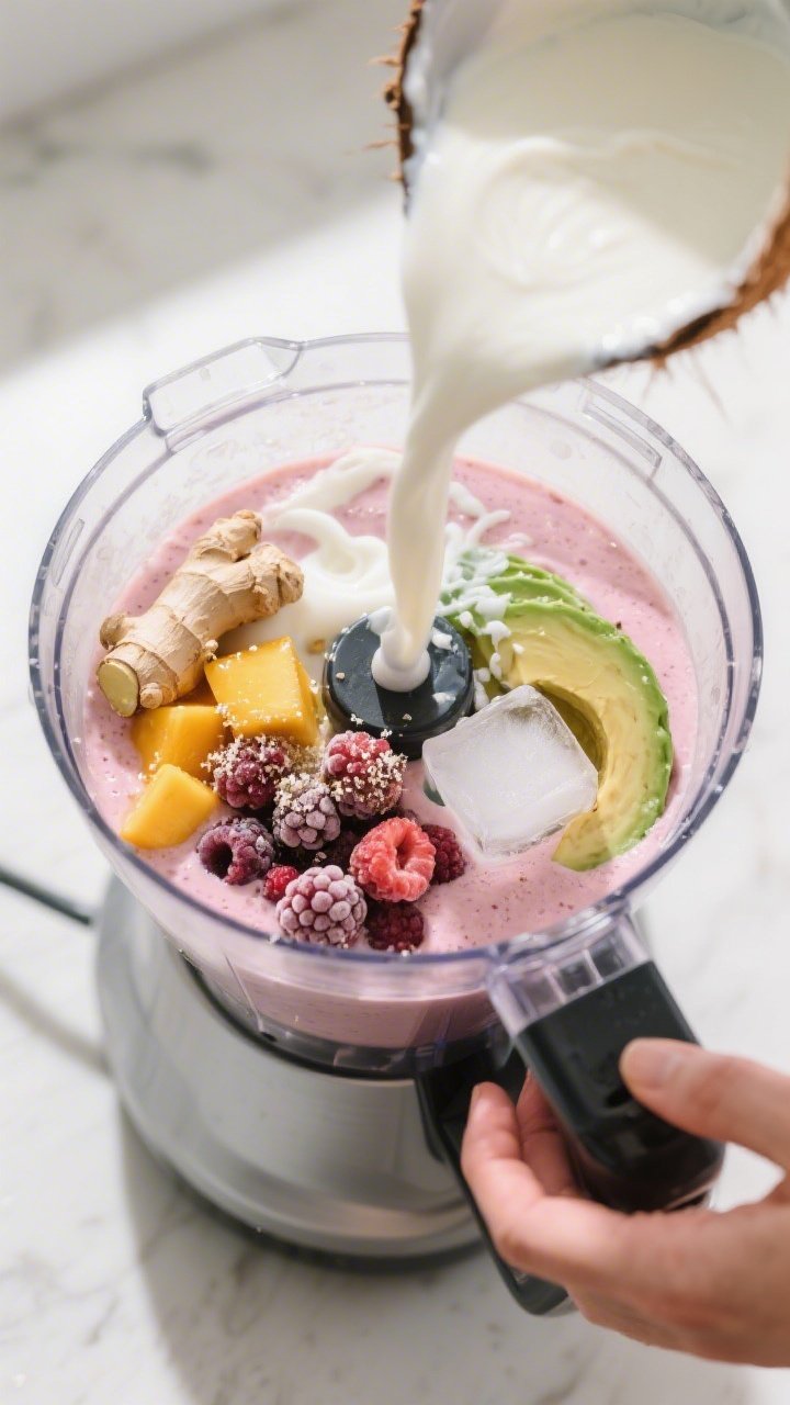 Cooking process: Overhead shot of the smoothie blending stage in a high-powered blender pitcher—li