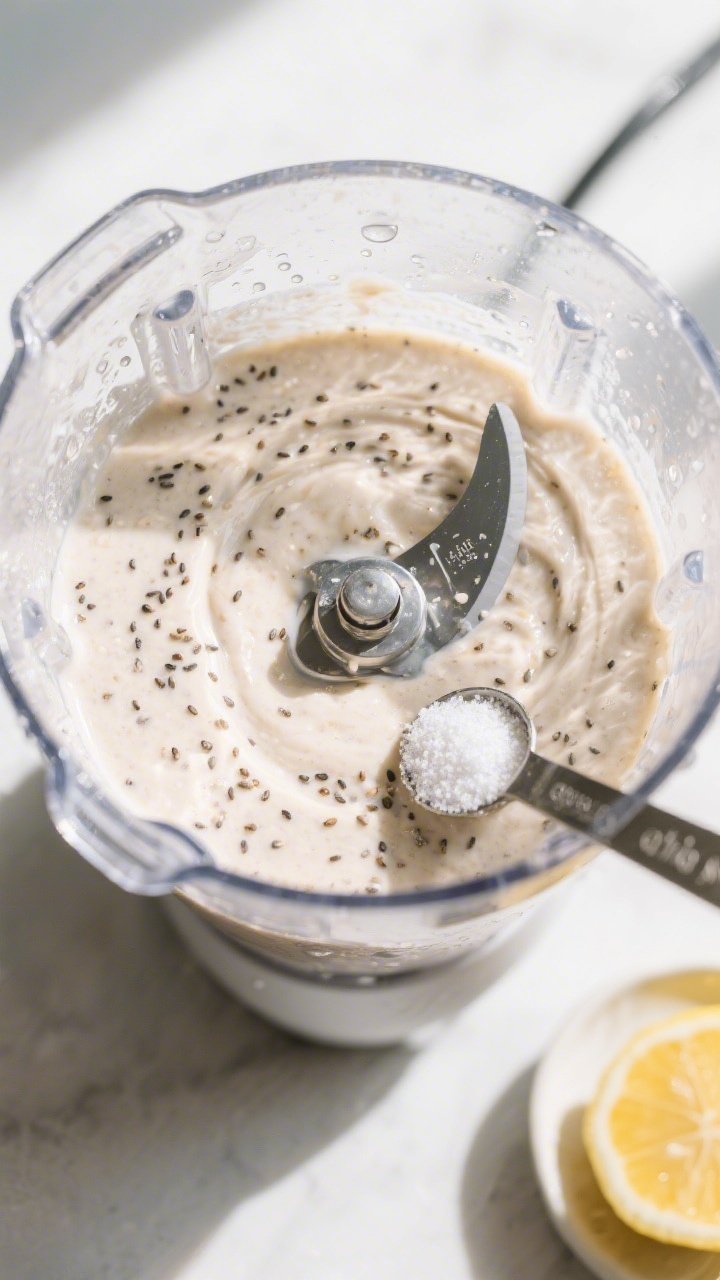 Cooking process: Overhead shot of the smoothie in a high-speed blender just after blending, blades s