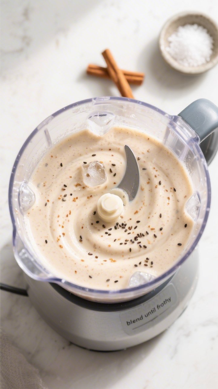 Cooking process: Overhead shot of the smoothie mid-blend in a high-speed blender jar, showing a smoo