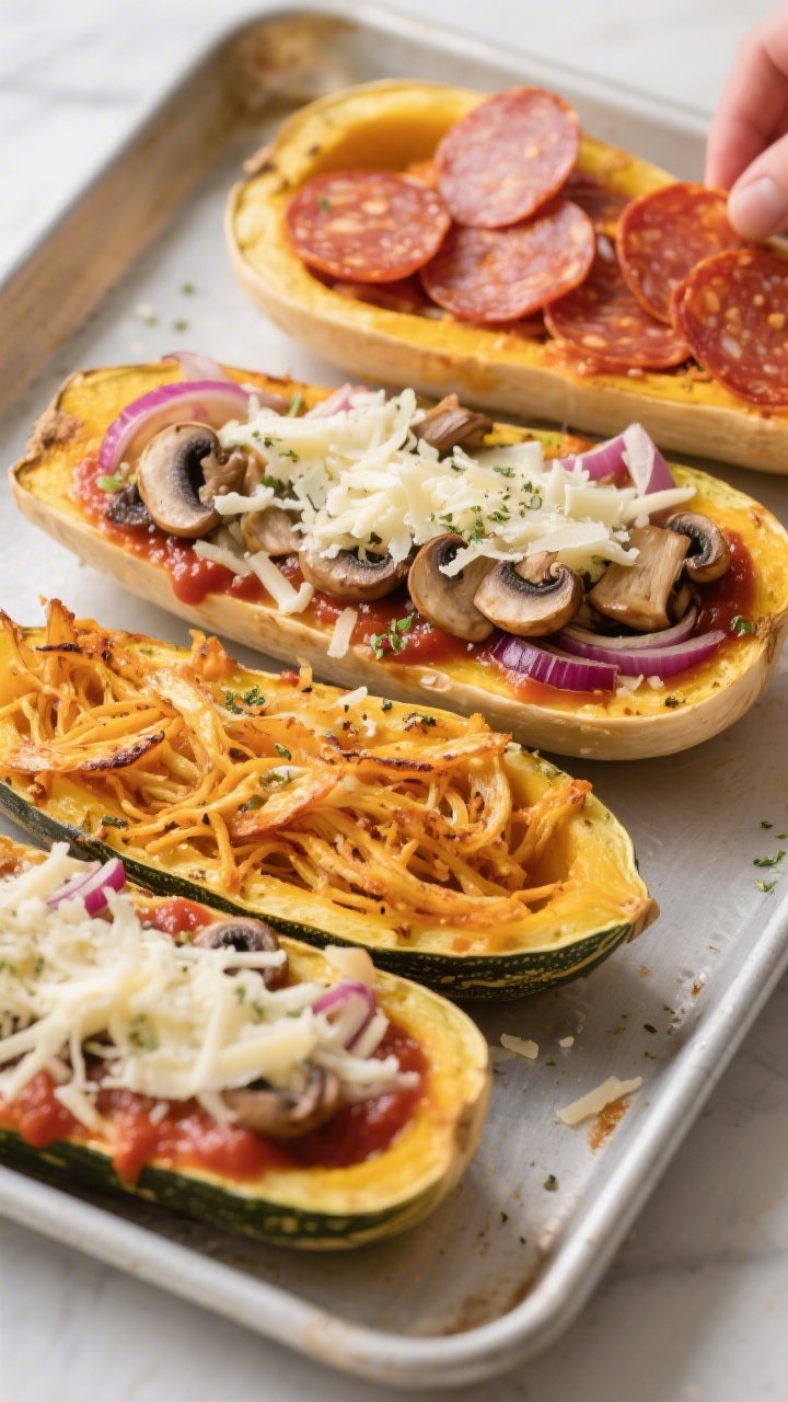 Cooking process: Overhead shot of the squash “boats” mid-assembly after fluffing the roasted str