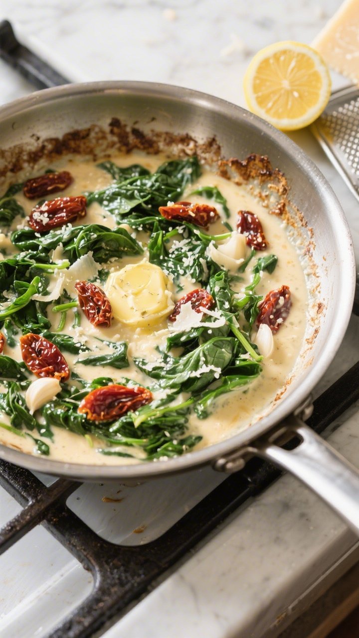 Cooking process: Overhead shot of the Tuscan cream sauce simmering in a wide stainless skillet right