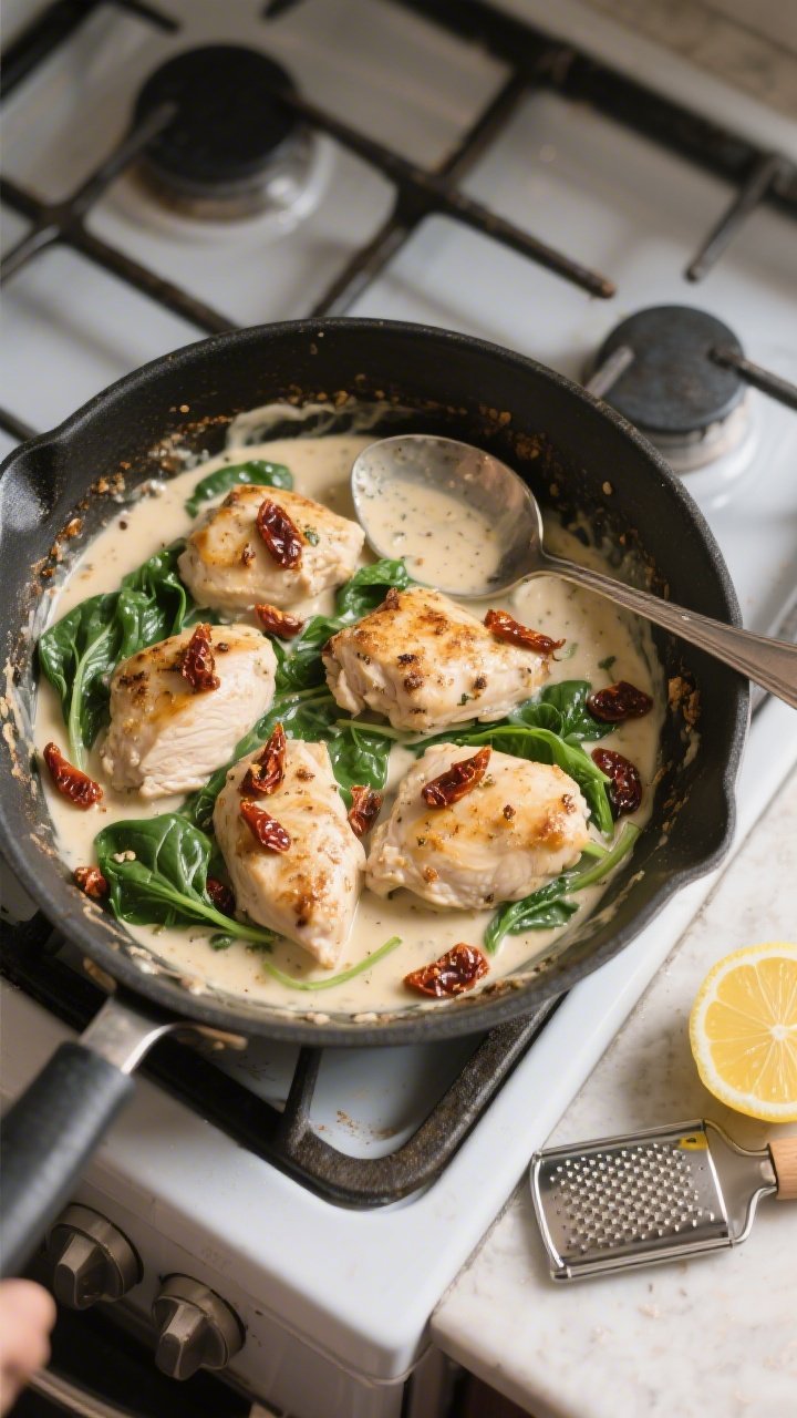 Cooking process: Overhead shot of the Tuscan keto chicken skillet at the “return the chicken” st