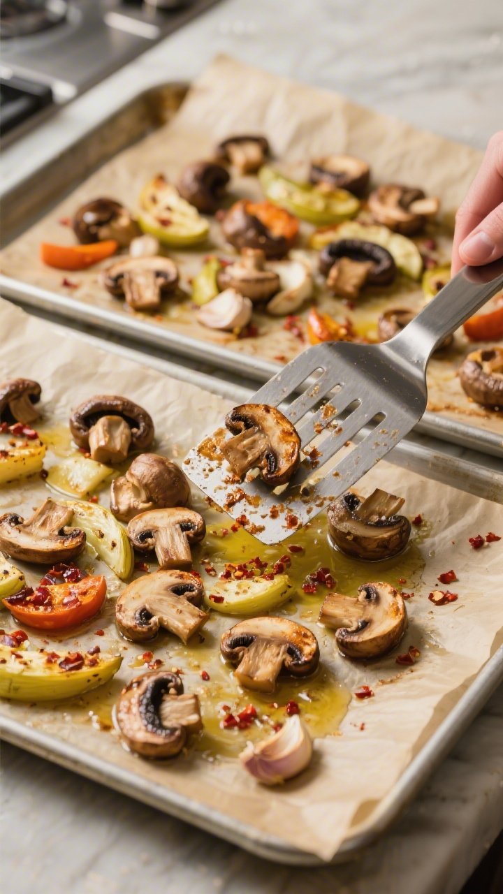 Cooking process: Overhead shot of the veggies mid-roast at 425Β°F, on two parchment-lined sheet pans